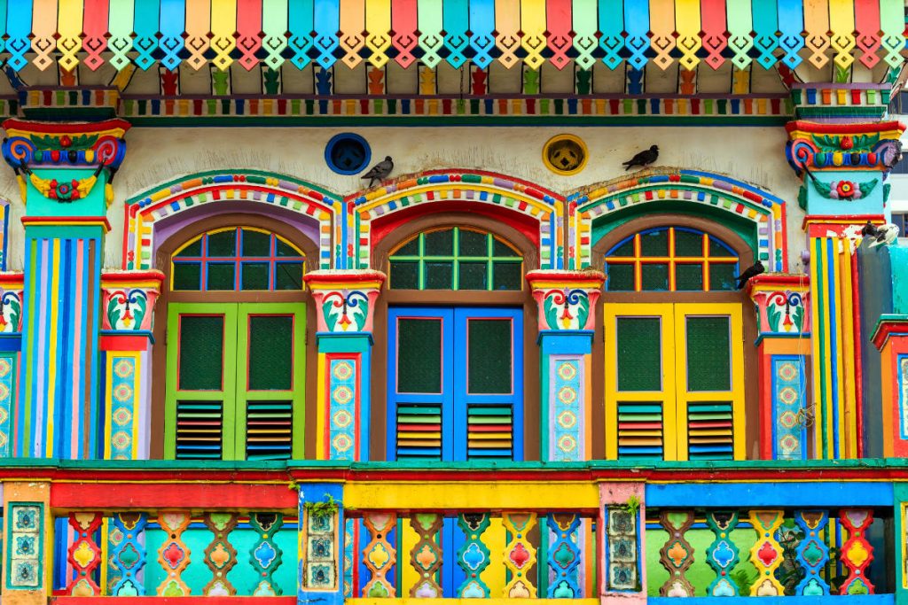 Colorful facade of the building in Little India, Singapore